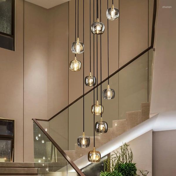 Lampade a sospensione Lampada per scale Long Postmodern Duplex Building Villa All Copper LightLuxury Simple Atmosphere Lampadario rotante