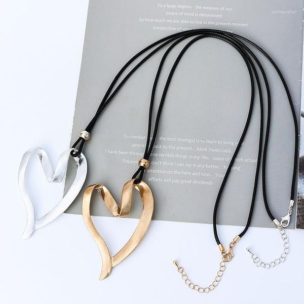 Collane con ciondolo Amorcome Large Abstract Brushed Heart Vintage Black Rope Chain Long Statement Collana Fashion Jewelry Bijoux
