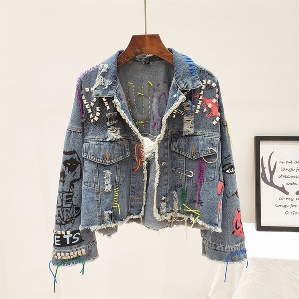 Женские куртки весенняя осенняя женщина Street Fashion Graffiti Denim Jacket Женская короткая изношенная сырая рукавиц