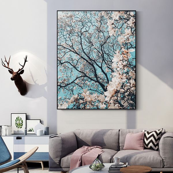 Alberi astratti con fiori bianchi dipinti su tela Stampe paesaggistiche e poster Wall Art per la decorazione domestica del soggiorno
