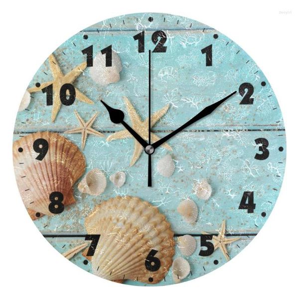 Relógios de parede marítimo conchas marinhas redondo relógio silencioso quarto operado pela sala de estar assistir silencioso não ticking mesa de marinheiro arte estrela