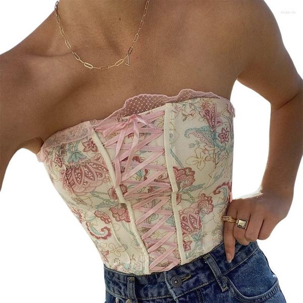 Canotte da donna Top a tubo senza spalline con stampa floreale Top bustier sexy da donna Corsetto disossato vintage senza maniche con lacci