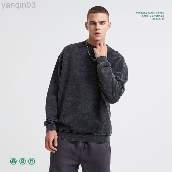 Moletons masculinos moletons 2022 Inverno outono novo pescoço redondo suéter de lavagem retrô 380g Terry Seção Thin Seção Men da maré vintage Sweter solto L220901