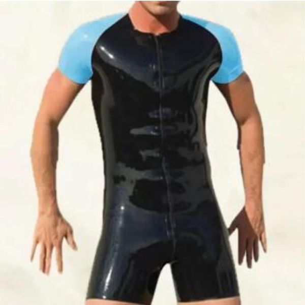 PVC-Kunstleder-Catsuit-Kostüme, seeblauer und schwarzer Herren-Strumpfhosen-Bodysuit, einfache Overalls, cooler Anzug, 3-Wege-Reißverschluss vorne bis zum Arsch