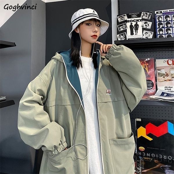 Damenjacken Kontrastkontraste Doppel -Seitenjacken Frauen Kapuze Streetwear Freund Outerwear Retro Baseball Lose Harajuku Cargo -Mäntel Ins 220901