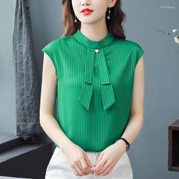 Camicette da donna Camicie da donna Moda coreana Senza maniche Estate Elegante Abbigliamento da ufficio da donna Abiti Botique Colletto alla coreana Top con fiocco
