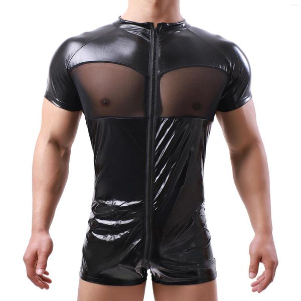 Unterhemden, sexy Herren-Bodysuits aus Kunstleder, Wetlook mit Reißverschluss, einteiliger Trikotanzug, Wrestling-Unterhemden, Boxershorts, Overalls, Tanzclubwear