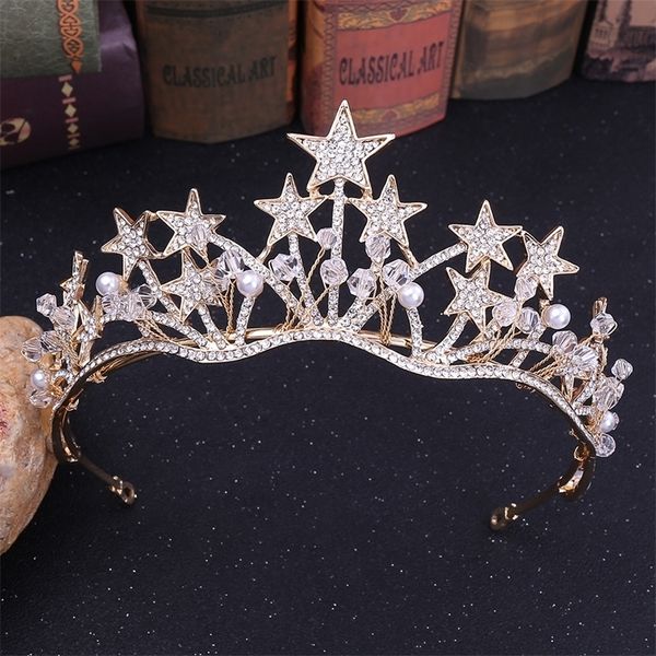 Hochzeit Haarschmuck Barock Gold Farbe Stern Kristall Perle Tiaras Brautkrone für Braut Kronen Stirnband Zubehör 220831