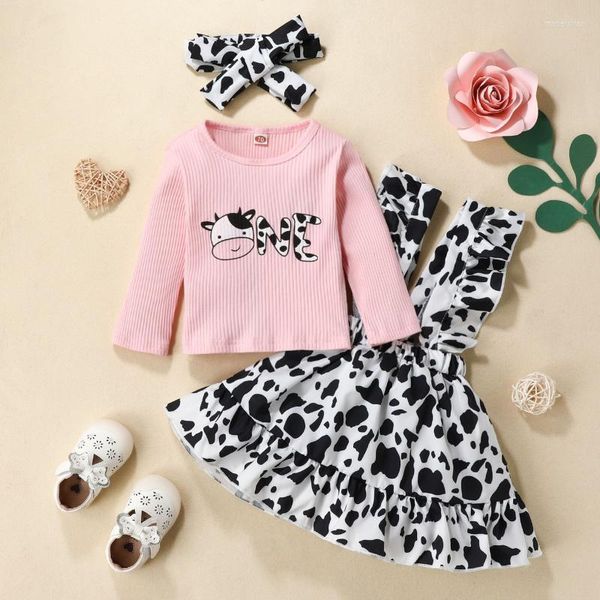 Completi di abbigliamento 3 6 mesi Vestiti per ragazza Neonato Bambina manica corta Top a costine Body Mucca Stampa Fiocco Cinturino Pagliaccetto Gonna Cestino Set