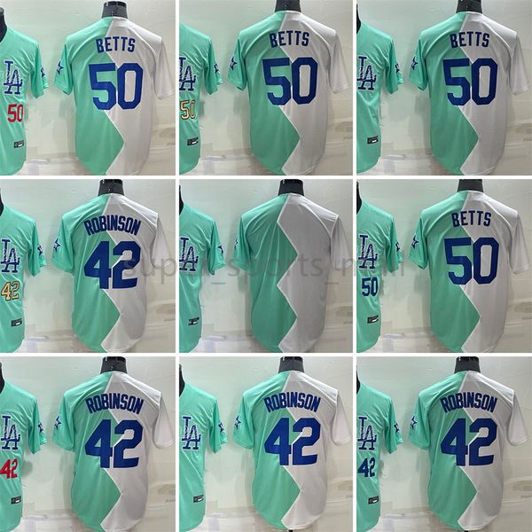 2022 Nova camisa de beisebol 42 Jackie Robinson 50 Mookie Betts 7 Julio Urias Blank Blue e White Half Color Stitched Jerseys Men Size S-XXXL