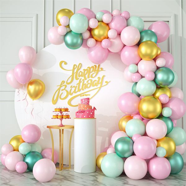 Decorazioni per feste Macaron Pink Green Metallic Balloon Garland Arch Kit Baby Shower Anniversario di matrimonio Forniture per la festa della mamma MJ0795