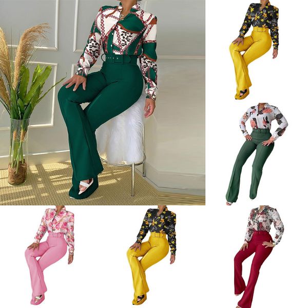 2022 tute da donna tracce pantaloni da due pezzi set casual stampato collare camicia a manica lunga camicia a gamba larga per pantaloni da donna con cintura