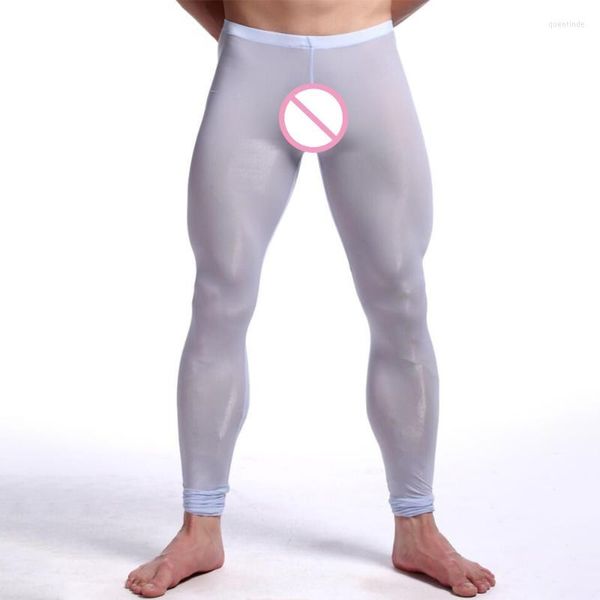 Indumenti da notte da uomo Pantaloni lunghi da uomo Pantaloni lunghi da uomo Biancheria intima trasparente con custodia sexy Pantaloni stretti in seta ghiacciata Leggings Mutande setose Gay trasparenti