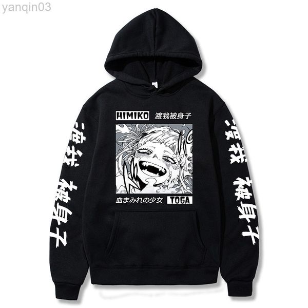 Felpe con cappuccio da uomo Felpe My Hero Academia Felpa con cappuccio anime Himiko Toga Bakugou Stampa Felpa con cappuccio da uomo Moda Felpa unisex nera Abbigliamento streetwear L220901