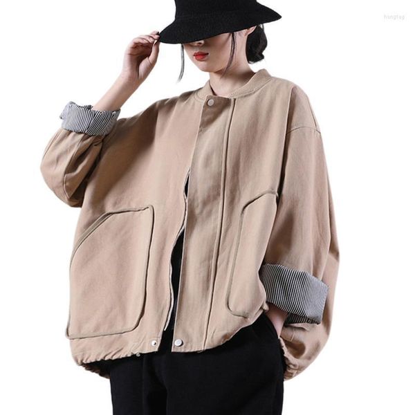 Jackets femininos femininos qpfjqd ladies algodão solto casacos curtos o-pescoço o-gola longa manga longa zíper de bolso de bolso coreano cor de cor sólida outono