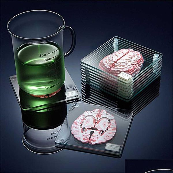 Mats almofadas de amostras montanhas -russas Conjunto de ￳rg￣os 3D Fatias cerebrais quadradas de vidro de vidro quadrado Drinques de mesa de mesa B￪bada Scientis HomeIndustry Dhdb6