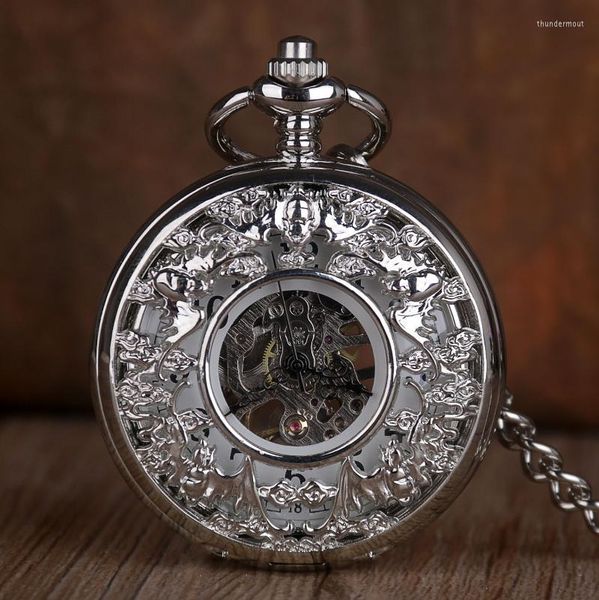 Orologi da taschino Orologio meccanico con scala bianca incisa cava in argento Orologio meccanico antico con collana retrò con regali a catena PocketFob