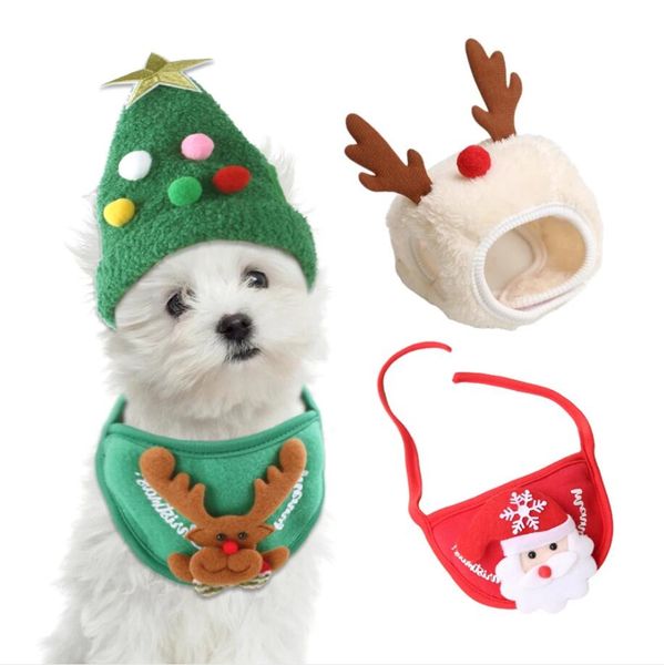 Cappello per cani di Natale Berretto per animali Bandana Sciarpa Bavaglini Babbo Natale Alce Costume cosplay carino Vestito per copricapo per cani di taglia piccola e media