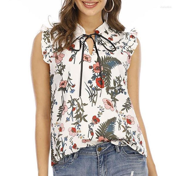 Camicette da donna Vetement Femme Floreale con volant con scollo a V Canotta bianca stampata senza maniche Casual Donna Top Abbigliamento donna 2022 Estate