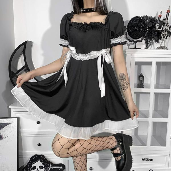 Casual Kleider Lolita Kawaii E-Girl Japanisches Harajuku Kleid Gothic Goth Frauen Weiche Süße Kurze Puffärmel Schwarz 2022 Prom Sommerkleid