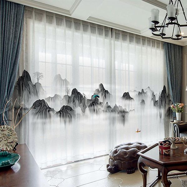 Cortina Modern Chinese Chinese Landscape Painting Curtains Tulle para sala Estudo da sala de estar Famoso El Famous El