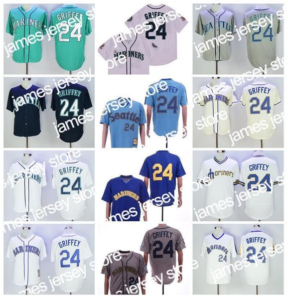 Beyzbol Formaları James 1984 1995 Emekli 24 Ken Griffey Jr Vintage Beyzbol Jersey Flexbase 2016 Serin Base Kazak Nakış ve Dikiş Mavi Yeşil Beyaz