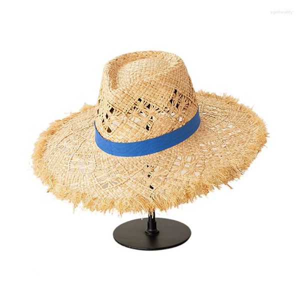 Breite Krempe Hüte VRIGINER Trend handgemachte hohle Raffia-Hut für Frauen Muster stricken Strand Sommer Panama Sonne Designer