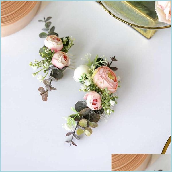 Cestini portaoggetti Fatti a mano Verde Pettine per capelli Sposa Copricapo con fiori rosa e foglie per la cerimonia di nozze Drop Del Homeindustry Dh1Qo