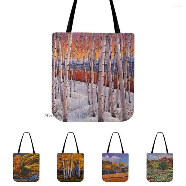 Bolsas de armazenamento Arte nórdica Birch floresta pintura a óleo estilos bolsa de ombro colorido madeiras paisagem compra de algodão linho de algodão casual funky