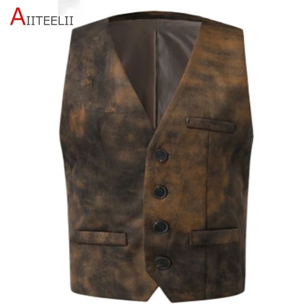 Herrenanzüge Blazer Retro Cow Lederanzug Vest Steampunk Western Cowboy Stil Weste SXXXL 220902