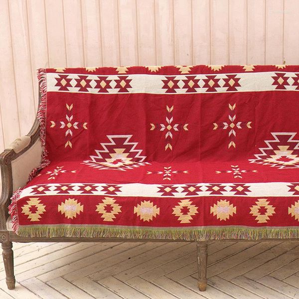 Fodere per sedie Coperta con nappa geometrica rossa Copridivano Morbido filo di cotone lavorato a maglia Kilim Tappeto Asciugamano Soggiorno Decorazioni per la casa