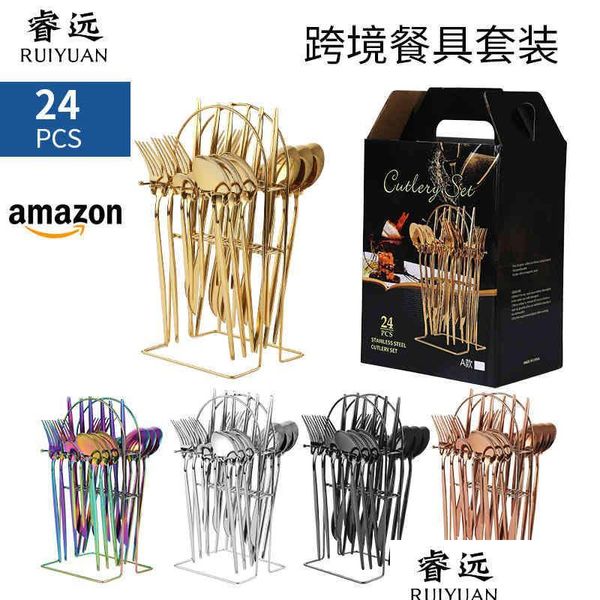 Ensembles de couverts Vaisselle en acier inoxydable 24 pièces Set Portugue Wtern Steak Couteau Fourchette Cuillère Rack Boîte-cadeau Drop Livraison 2021 Home Gard Dhj4H