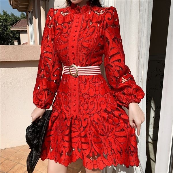 Vestidos de trabalho Vintage Hollow Out Lace Floral Borderyer Dress Spring Autumn Women Stand Collar Lantern Sleeve High Sashes Short 220902