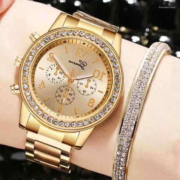 Avanadores de pulso Mulheres assistem Bangle para 2pcs/Set Bracelets Relógios Crystal Luxury Simple Gold Jewelry Rellojes Para Mujer