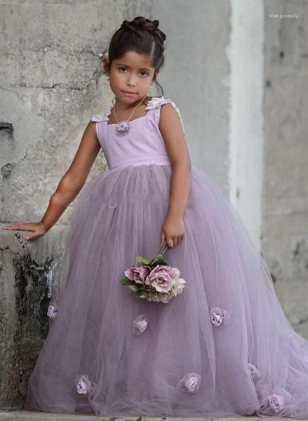 Girl Dresses carino lilla flower Girls per abito da palla da spalla con fiori 3d tulle in tulle quadrate quadrate quadrate formali battini per bambini abbigliamento da festa