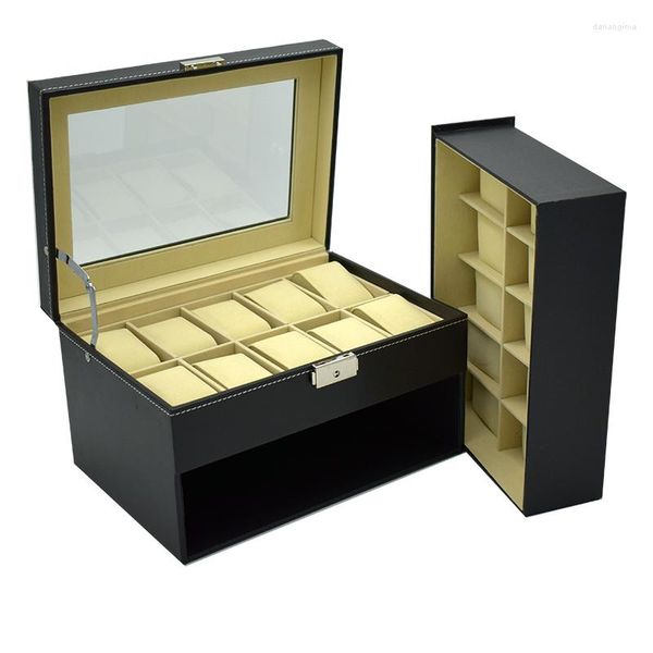 Scatole per orologi 20 griglie Orologi per gioielli Custodia Display Business Uso domestico Cassetto portaoggetti in pelle nera a 2 strati Moda