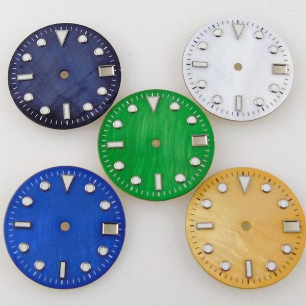 Relógio kits de reparo 28,5 mm Material de casca Dial, Relógios Face para NH35/NH35A Data de movimento automático Janela verde lume Gold/Blue/Green/White