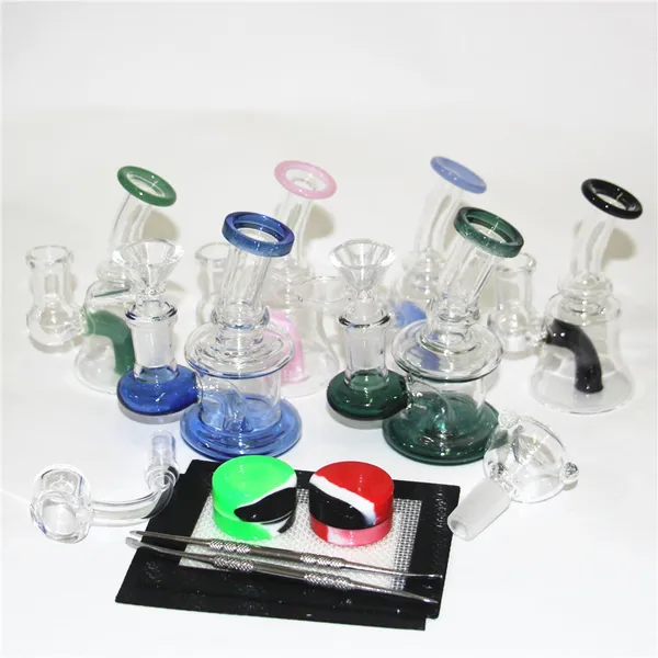 Glasbong Dab Bohrinsel Bubbler Wasserpfeifen dicker Becher Mini-Glaswasserpfeife mit 14-mm-Schüssel Dabber-Werkzeug Silikonbehältermatte