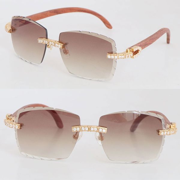 Randlose Vintage-Sonnenbrille aus Holz für Männer und Frauen, 2,6 Karat diamantbesetzte Holzbrille für Männer, berühmte diamantgeschliffene Linse, luxuriöse Brille mit großen Steinen, 18 Karat Gold
