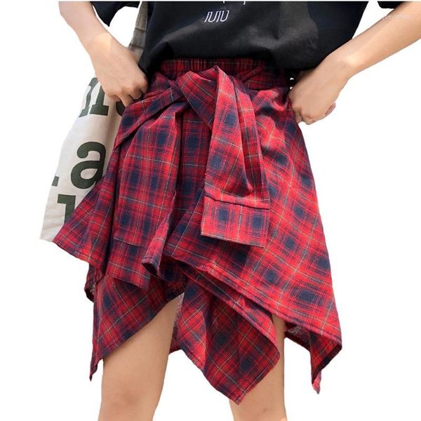 Röcke Herbst Hohe Taille Plaid Kawaii Rock Unregelmäßigen Harajuku Frauen Jupe Mini Schwarz Weiß Vintage Student Schule