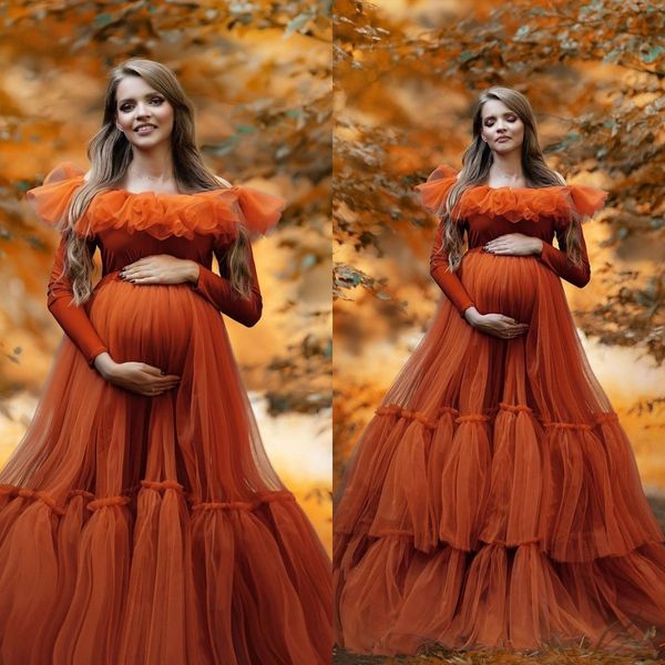 Abito premaman arancione per servizio fotografico Abiti da ballo a maniche lunghe Ruffles Off the Shoulder Fancy Baby Shower Gowns vestido de novia