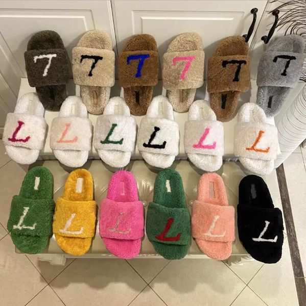 Hausschuhe TOP QUALITÄT Mode Frauen Wolle Sandalen Mädchen Flip Flop Hausschuhe Frau Slipper Schuhe Herbst Winter Pelz Flauschige Pelz Warme Buchstaben Sandale 17 Farbe