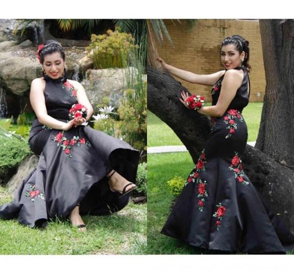 Preto floral dama de honra vestidos de pescoço alto sem mangas até o chão applique cetim praia casamento vestidos de convidado plus size feito sob encomenda formal ocn wear