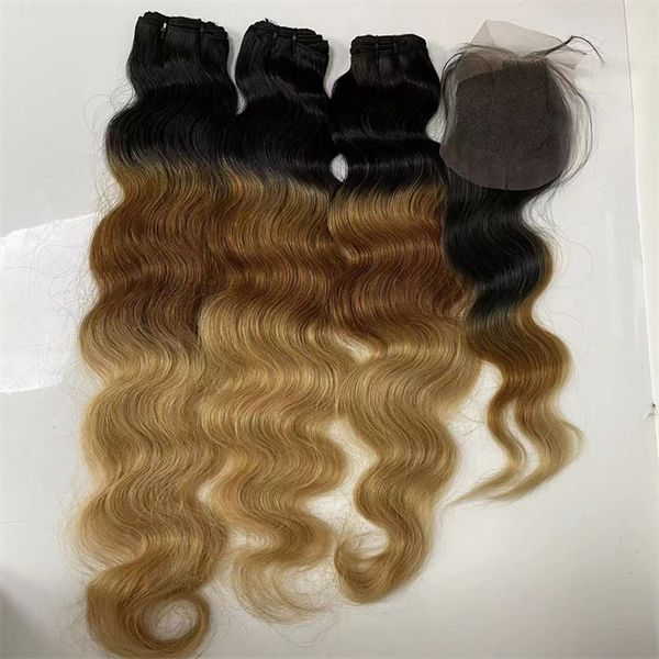 Fasci di capelli da 300 g con onda del corpo con chiusura in pizzo da 16 pollici Testa piena Colore ombre T1b / 30/27 # Trama di capelli umani vergini brasiliani per donna nera