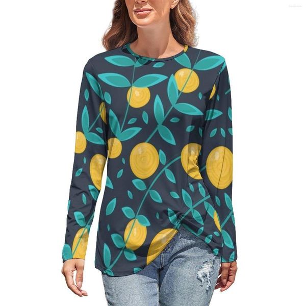 Magliette da donna T-shirt con foglie di arance Frutta Stampa vintage Moderna manica lunga Street Style Maglietta oversize Abbigliamento Regalo di compleanno