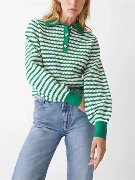 Kadın Sweaters Kadın Kadınlar Yeşil Örme Çizgili Süveter 2022 Bahar Çiçekleri Düğme Bayanlar Down Down-Down yaka Uzun kollu kazak