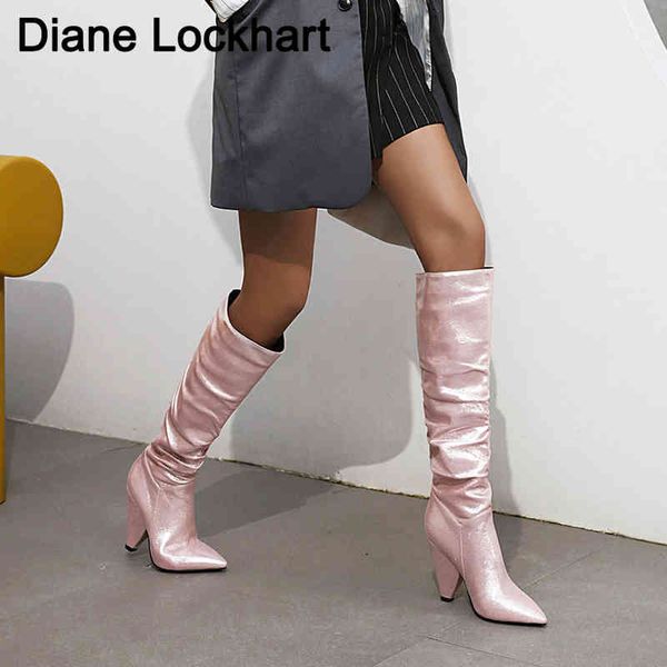 Botas de pano de lantejoulas de inverno para mulheres saltos de dedo de pé pontiagudos Botas Mulher Bling Party Shoes Pink Knee High femal 220901