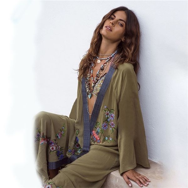 Abiti da lavoro Vestidos Boho Hippie Chic Cardigan con ricami floreali vintage Beach Trip Kimono Pareo Manica lunga Coprispalle Abito lungo 220902