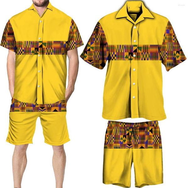 Herren-Freizeithemden, Herren-Luxus-Golddruck-Hemd-Shorts-Trainingsanzug-Set, ethnischer Stil, Umlegekragen, afrikanische Kleidung, traditionell