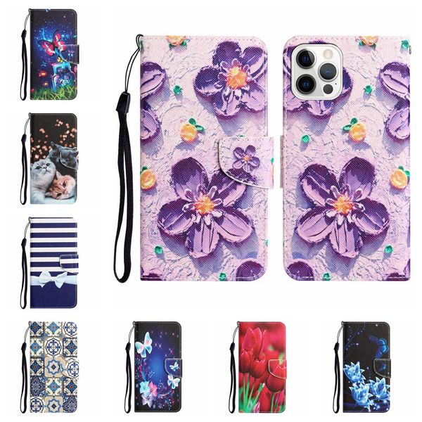 Кожаные кошельки для iPhone 15 14 Pro Max 13 12 11 XS XR x 8 7 Fashion Flower Butterfly Print Cat Tiger Bow Card Card держатель слот с флип -крышкой смарт -телефон мешет